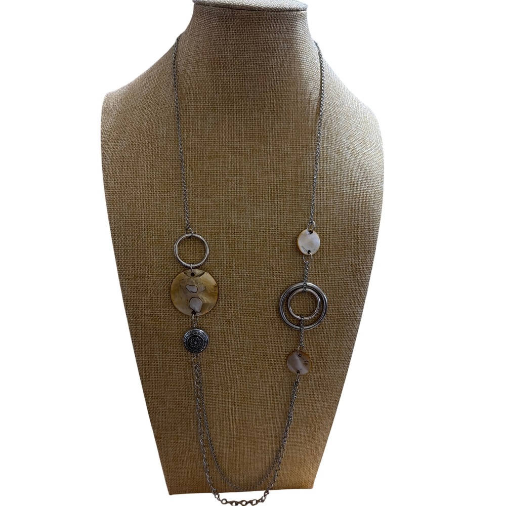 Silver Tone Long Asymmetrical Shell and Ring Medallion Boho Necklace Layering